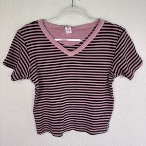 Vintage Hard Tail Top Women One Size Y2K Striped V Neck Shirt Stretchy Cotton